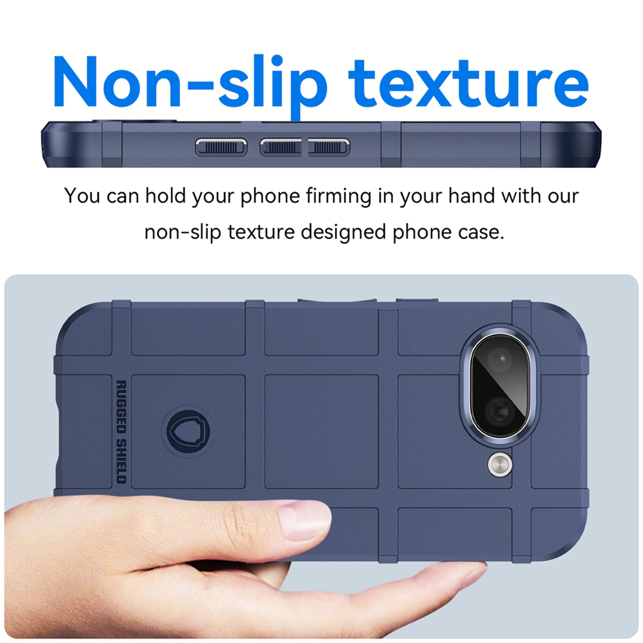Een marineblauwe telefoonhoes met een textuur wordt in een hand gehouden. Tekst luidt 'Non-slip texture'.