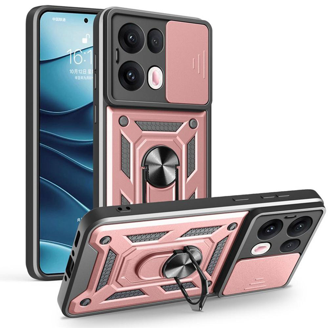 Drie telefoonhoesjes in roze en zwart. Eén met de telefoon erin, twee apart met een ringhouder.