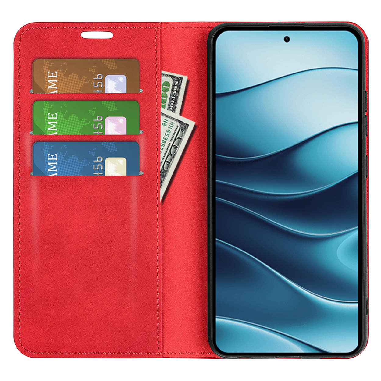 Rode telefoonhoes met kaartsleuven, met telefoon met blauw scherm en contant geld.