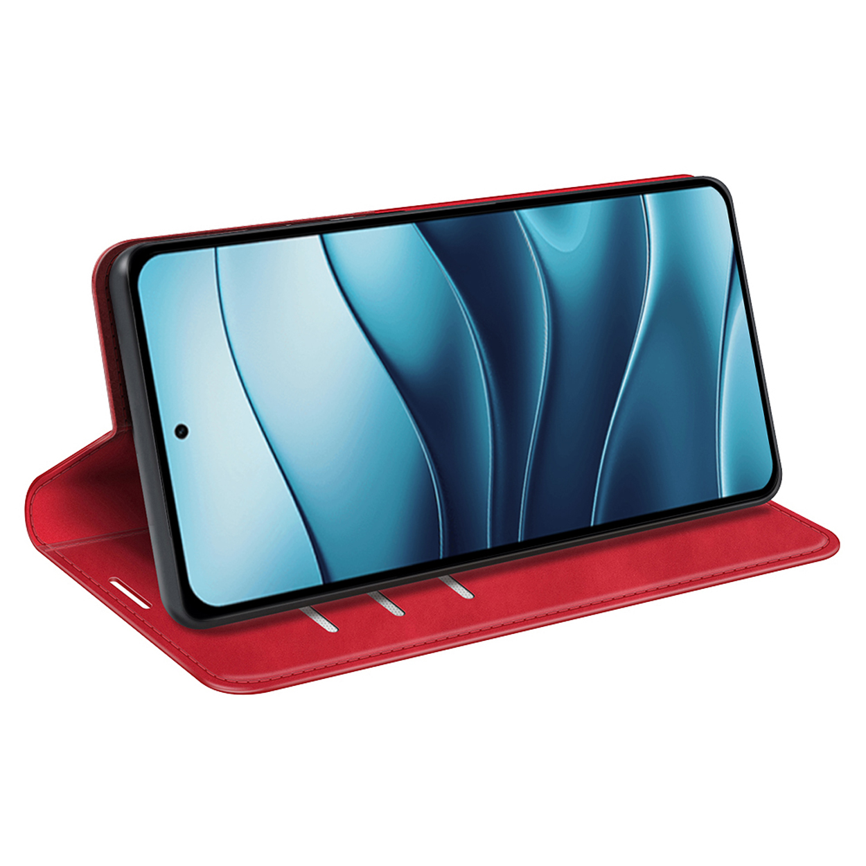 Rode telefoonhoes met telefoon met een blauw golvend patroon, omhooggeklapt.