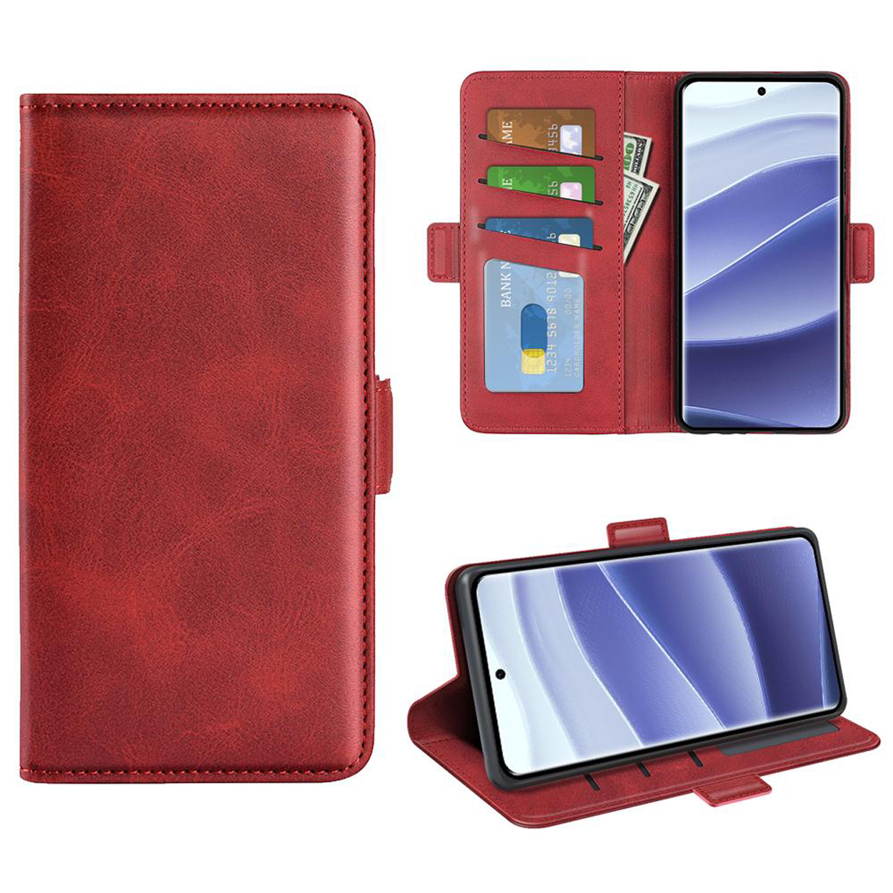 Een rode telefoonhoes open, gesloten en met de telefoon rechtop. Er zitten kaarten en contant geld in de hoes.