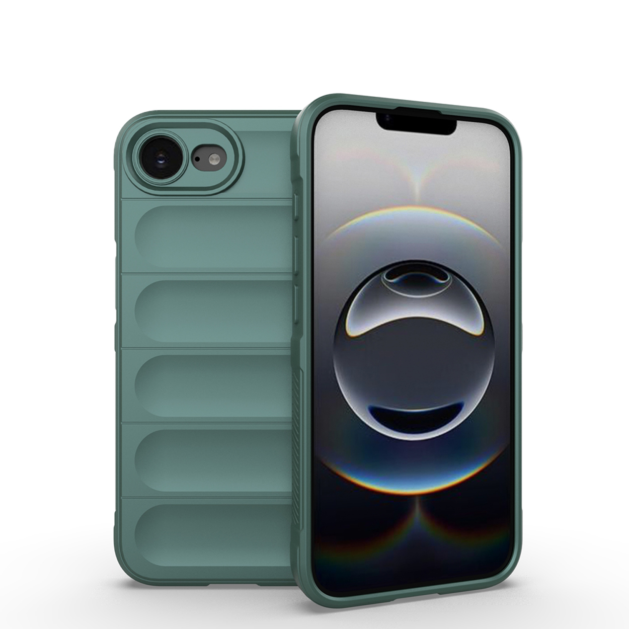 Étui de téléphone vert avec un téléphone à l'intérieur, avec une bosse pour l'appareil photo, deux étuis exposés.