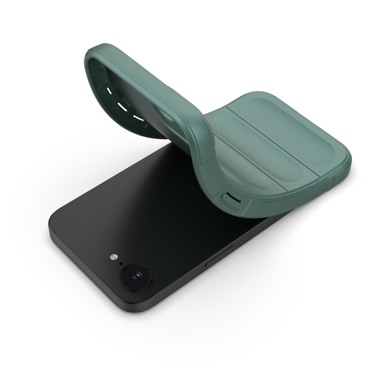Un téléphone dans un étui vert. L'étui est en cours d'ouverture, montrant l'arrière d'un téléphone noir et l'étui.