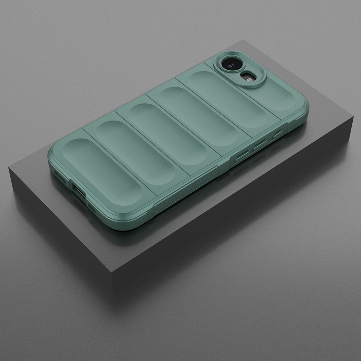 Étui de téléphone vert sur une base grise. Montrant l'étui avec une bosse pour l'appareil photo.
