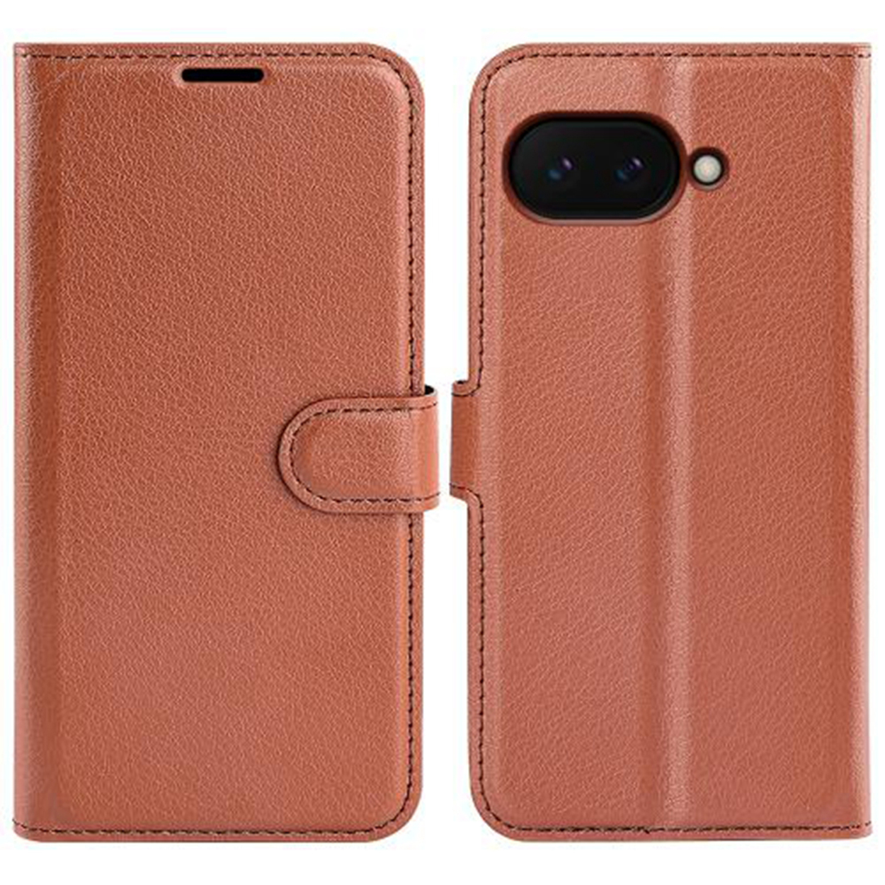 Un étui de téléphone en cuir marron, fermé. Il possède une fermeture magnétique et un trou pour le haut-parleur.