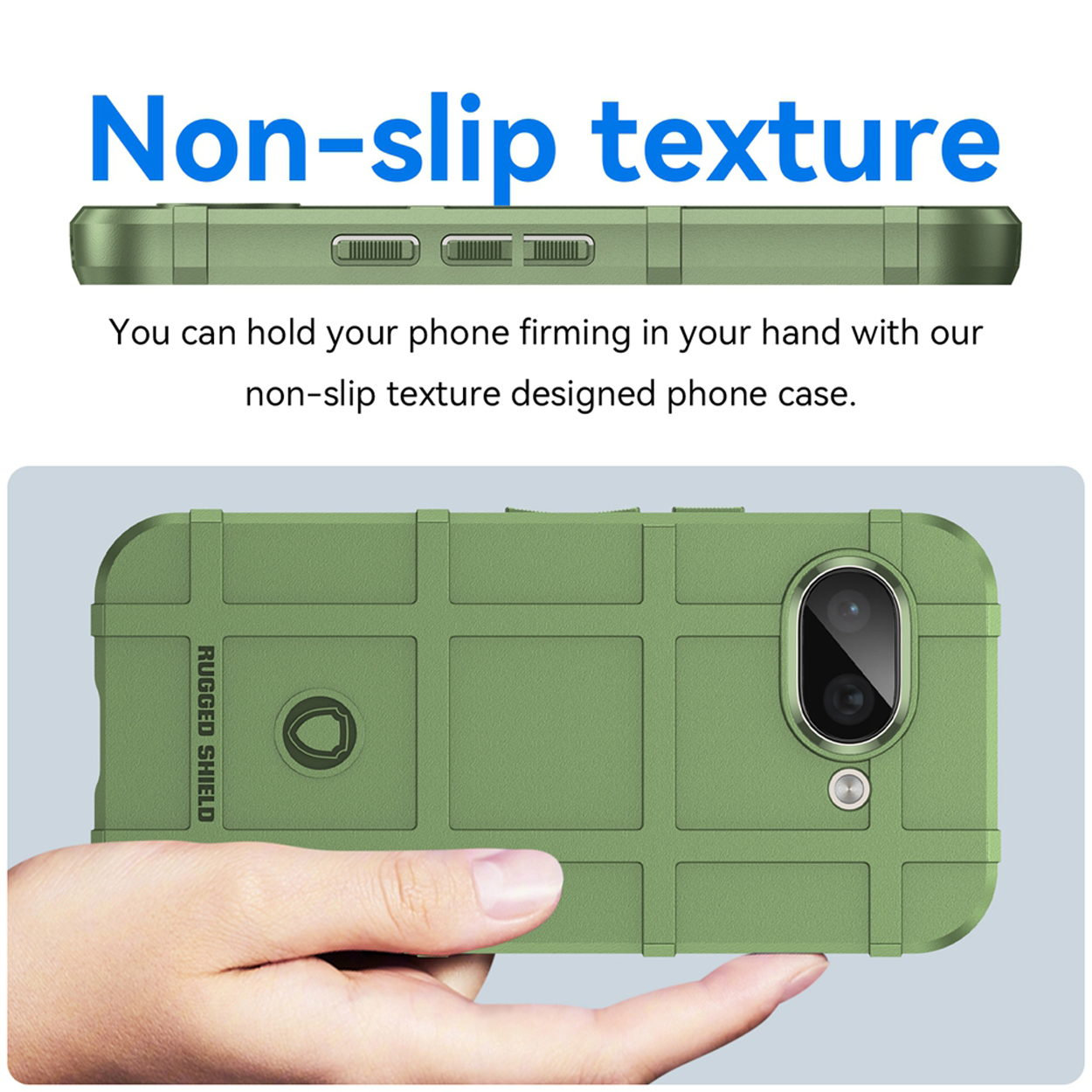 Green phone case, non-slip texture, being held by a hand. The case is green and has a textured design.