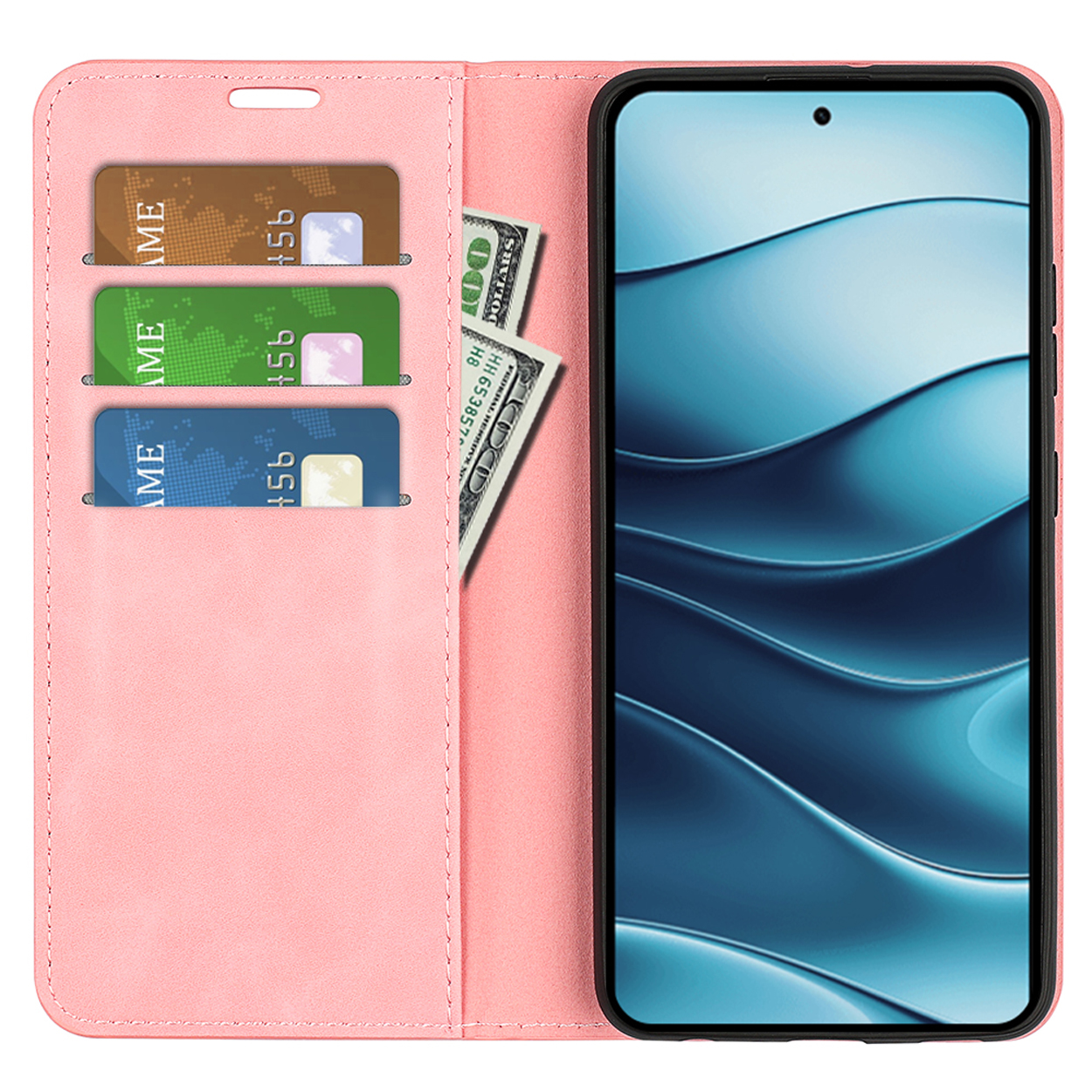 Pink phone case open. The phone inside shows a screen with a blue design. Slots for cards and cash.