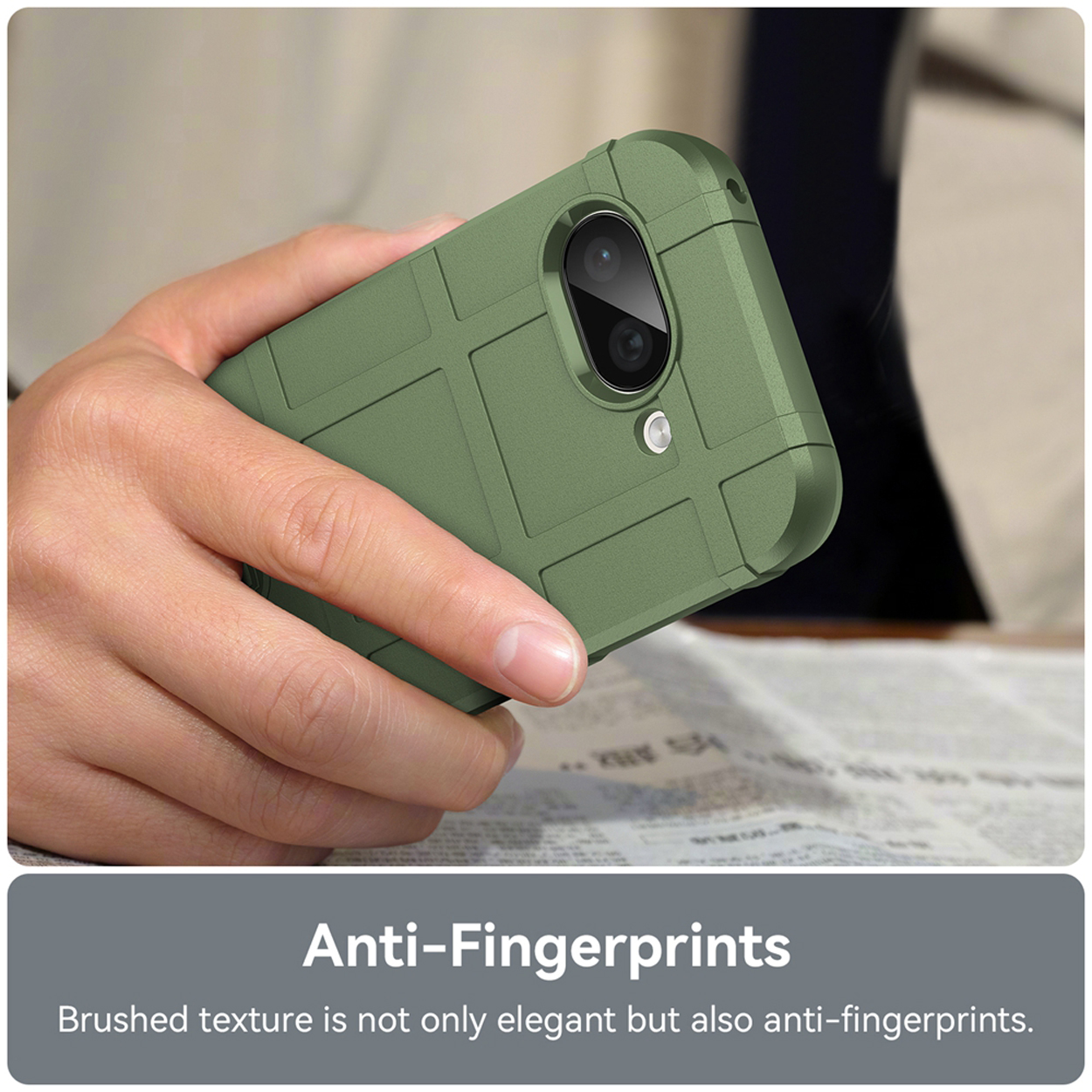 Green phone case held in hand. Text: 'Anti-Fingerprints'.