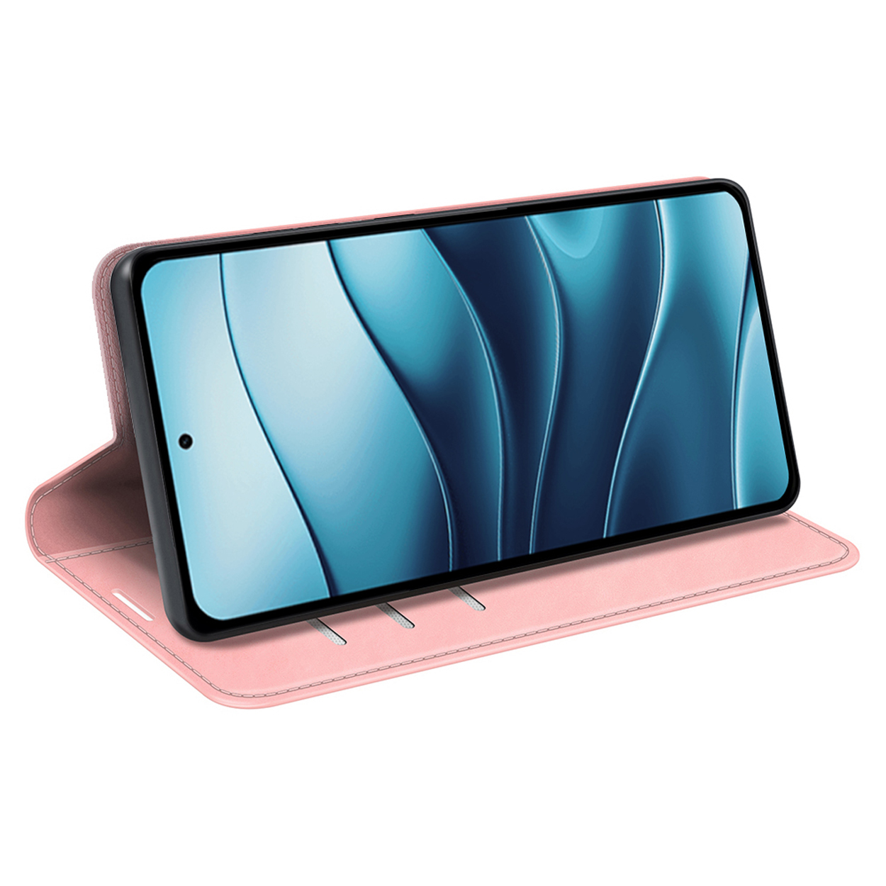Pink phone case open, displaying a phone with a blue screen. The case is open and supported.