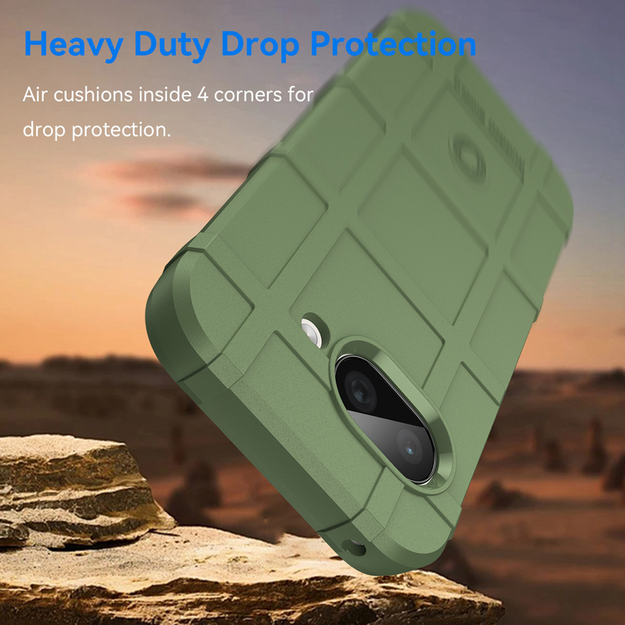 Green phone case with text on it, advertising 'Heavy Duty Drop Protection'. The case is on an angle.