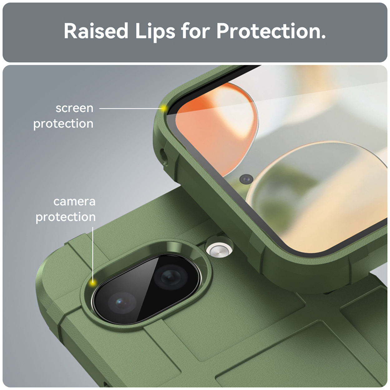 Green phone case, close-up. Text shows raised lips for protection of the screen and camera.
