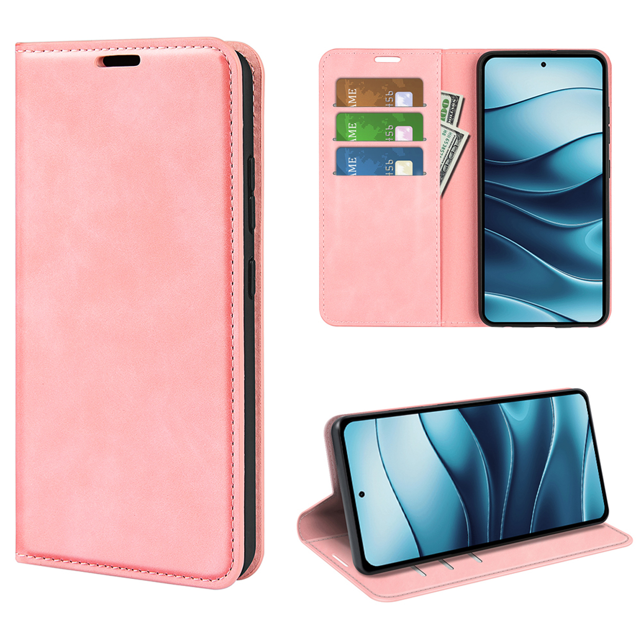 Pink phone case. Open, with phone, cards, and money inside. Closed case is on the left.