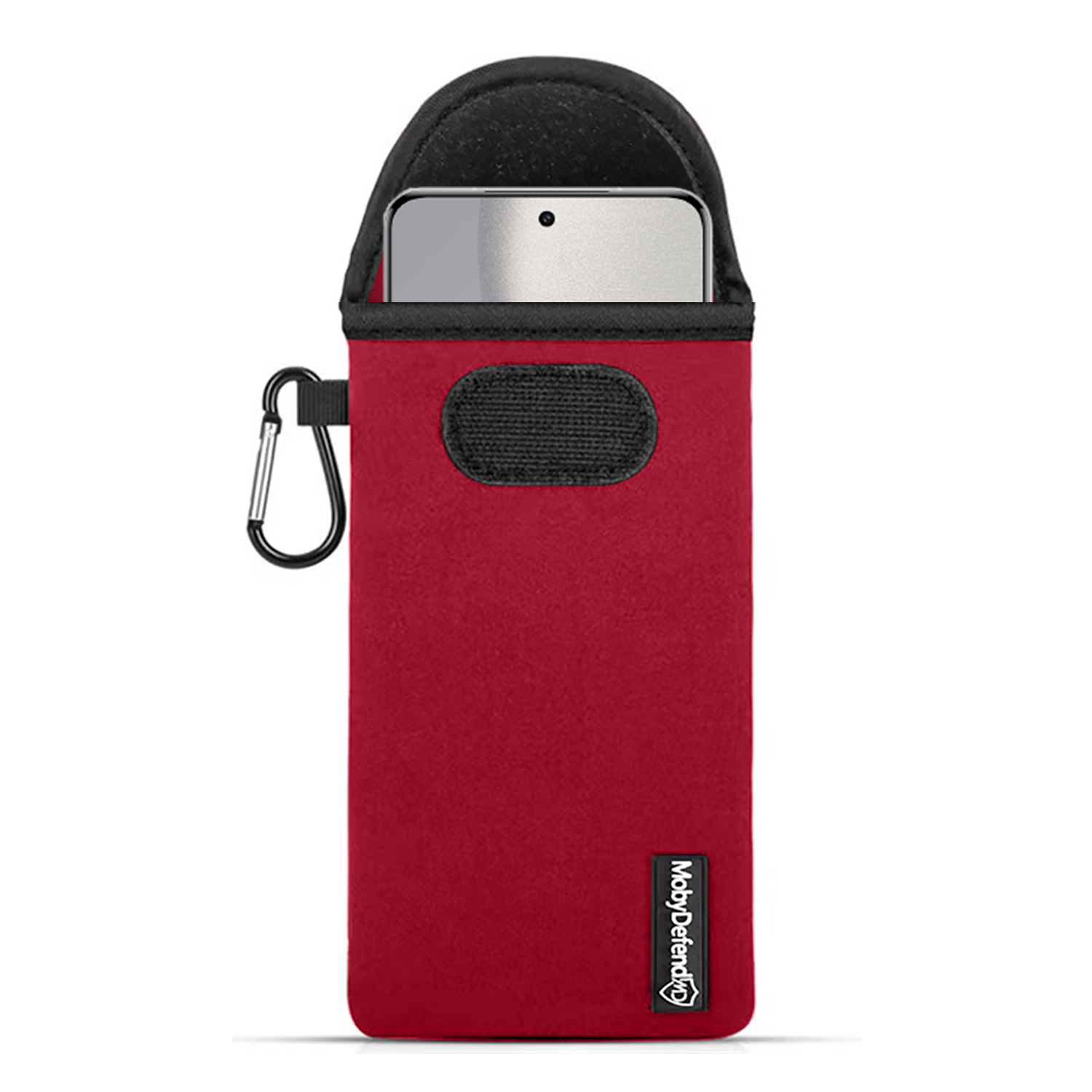 Housse de téléphone rouge avec bord noir. Un téléphone est partiellement visible, avec mousqueton.