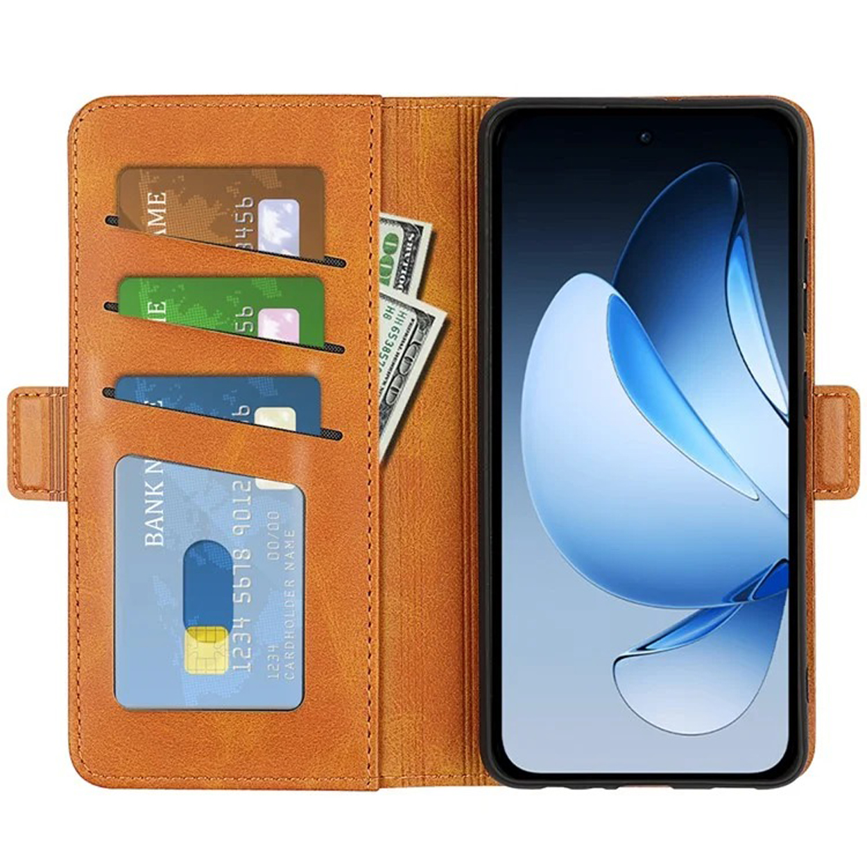 Open bruine lederen portemonnee-telefoonhoesje met kaarten, contant geld en een telefoon met blauw ontwerp.