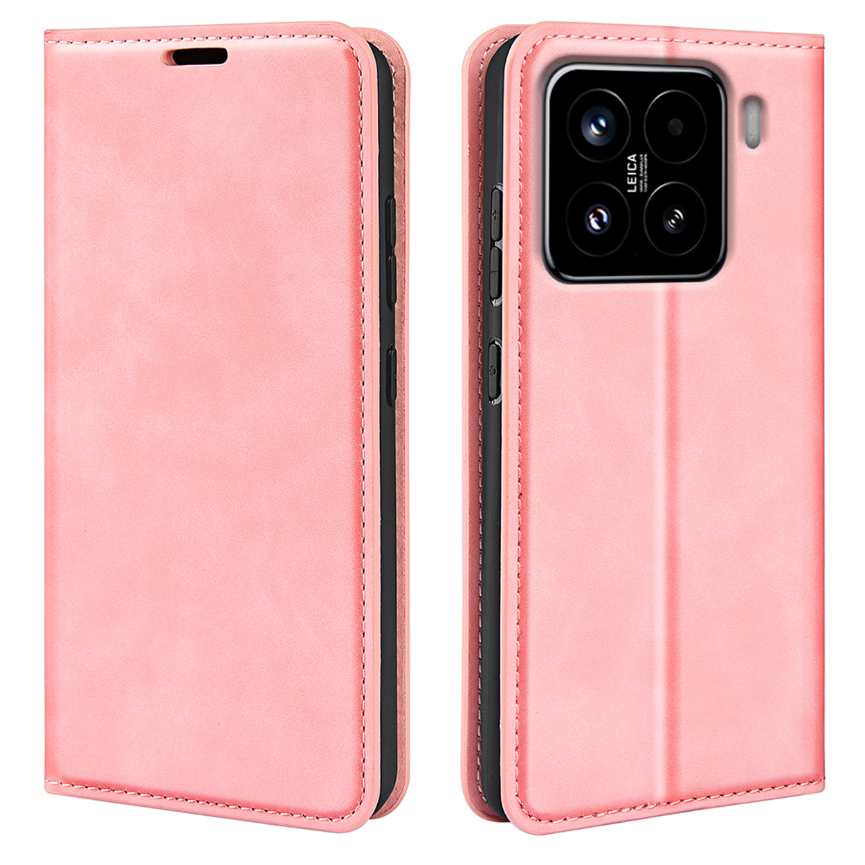Coque de téléphone rose, fermée et ouverte, montrant la caméra et l'écran du téléphone. Bords noirs et rose.