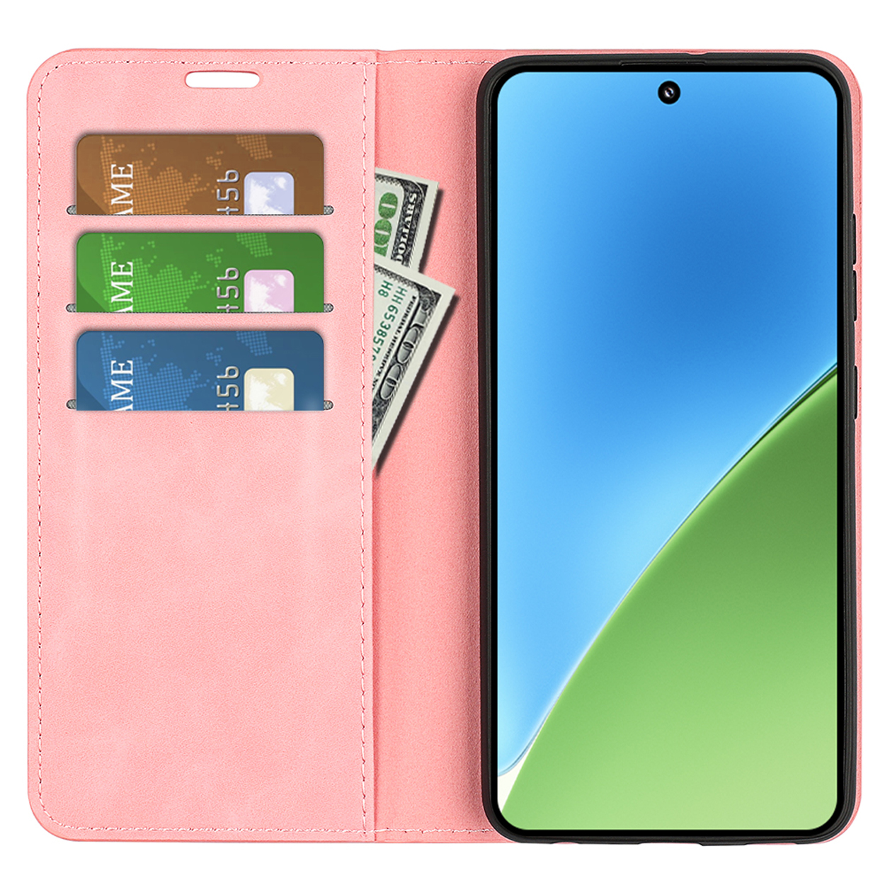Étui de téléphone rose ouvert avec téléphone, cartes et argent à l'intérieur. Écran bleu et vert.
