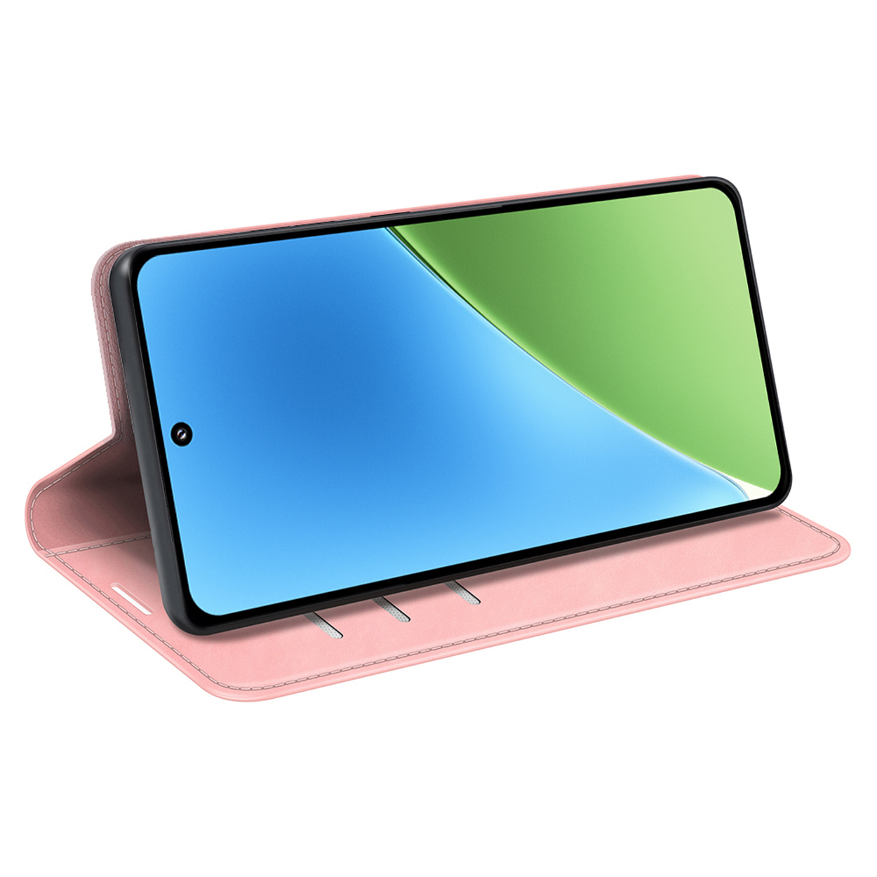 Coque de téléphone rose ouverte, affichant un téléphone avec un écran dégradé vert et bleu et bord noir.