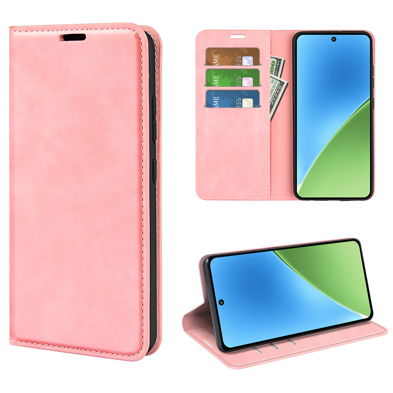 Étui de téléphone rose. Ouvert, avec téléphone, cartes et argent. Étui fermé à gauche.