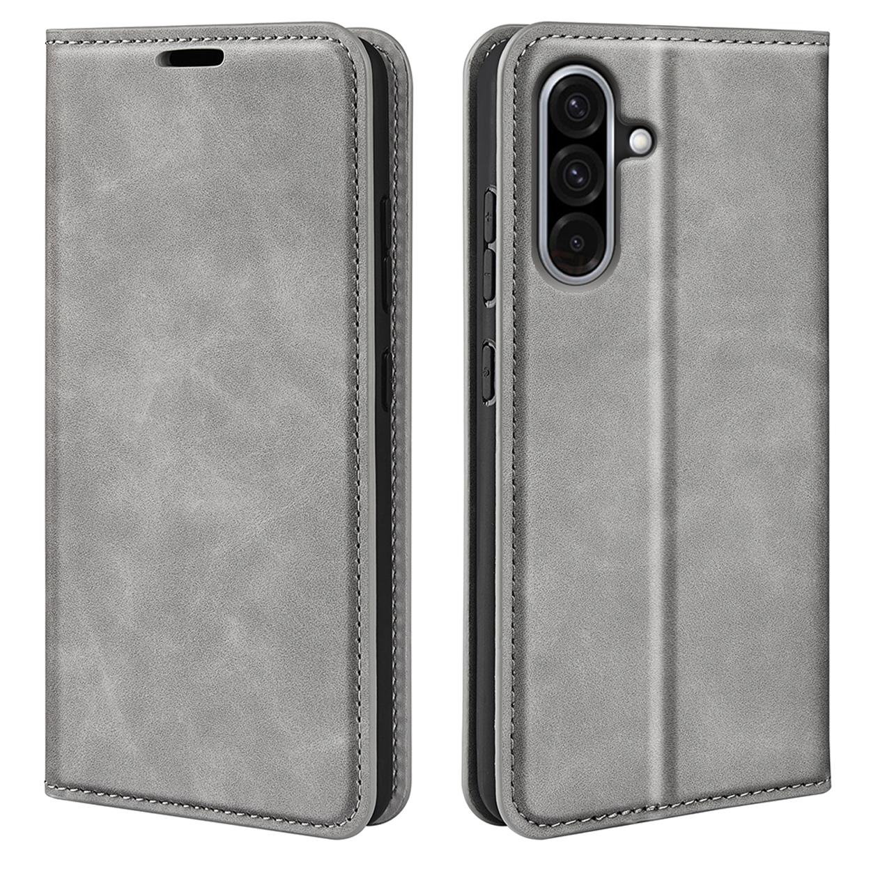 Coque de téléphone grise, montrant à la fois la vue ouverte et fermée de la coque, qui est de couleur grise.