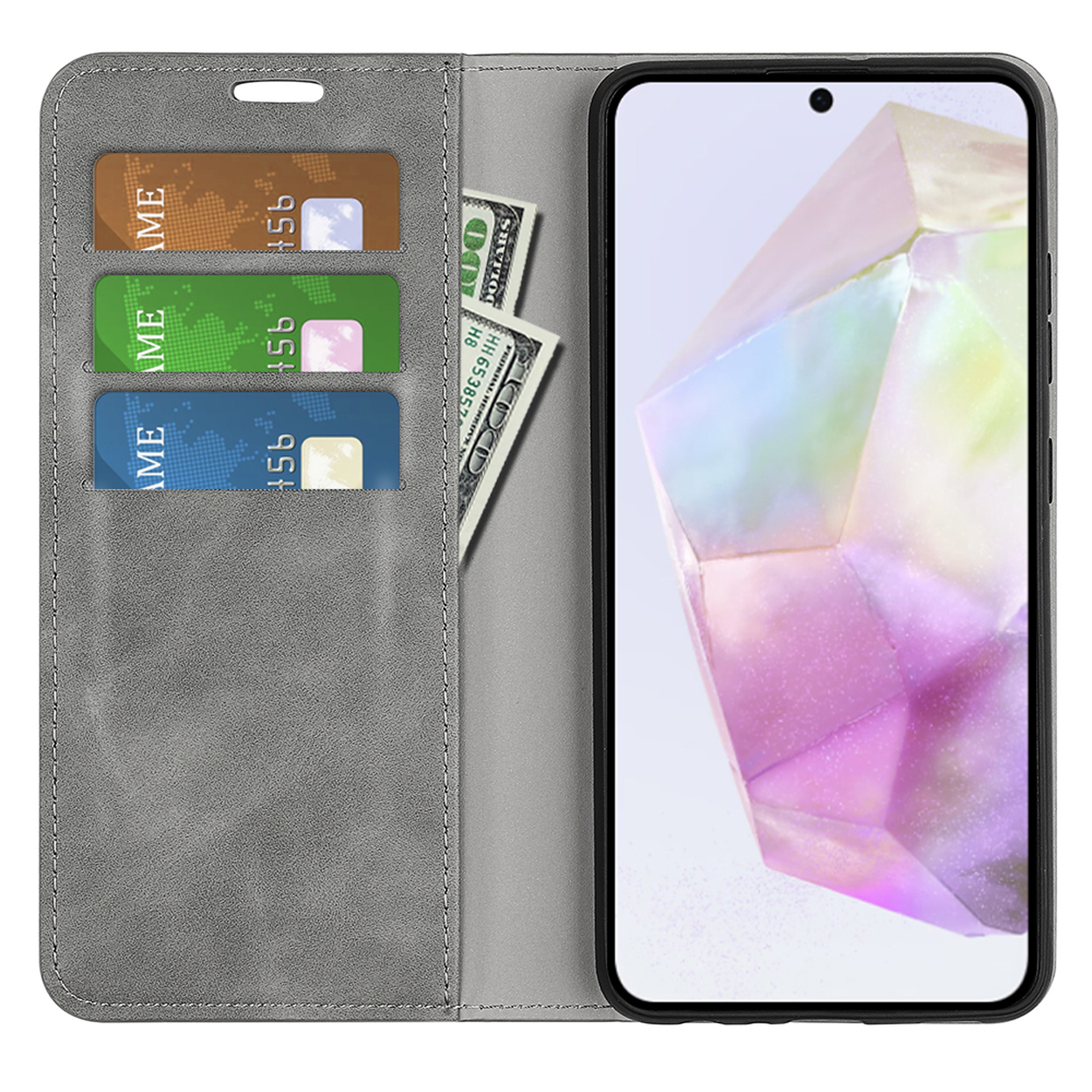 Étui portefeuille gris avec cartes et argent. Le téléphone affiche une image colorée. Vues ouvertes et fermées.
