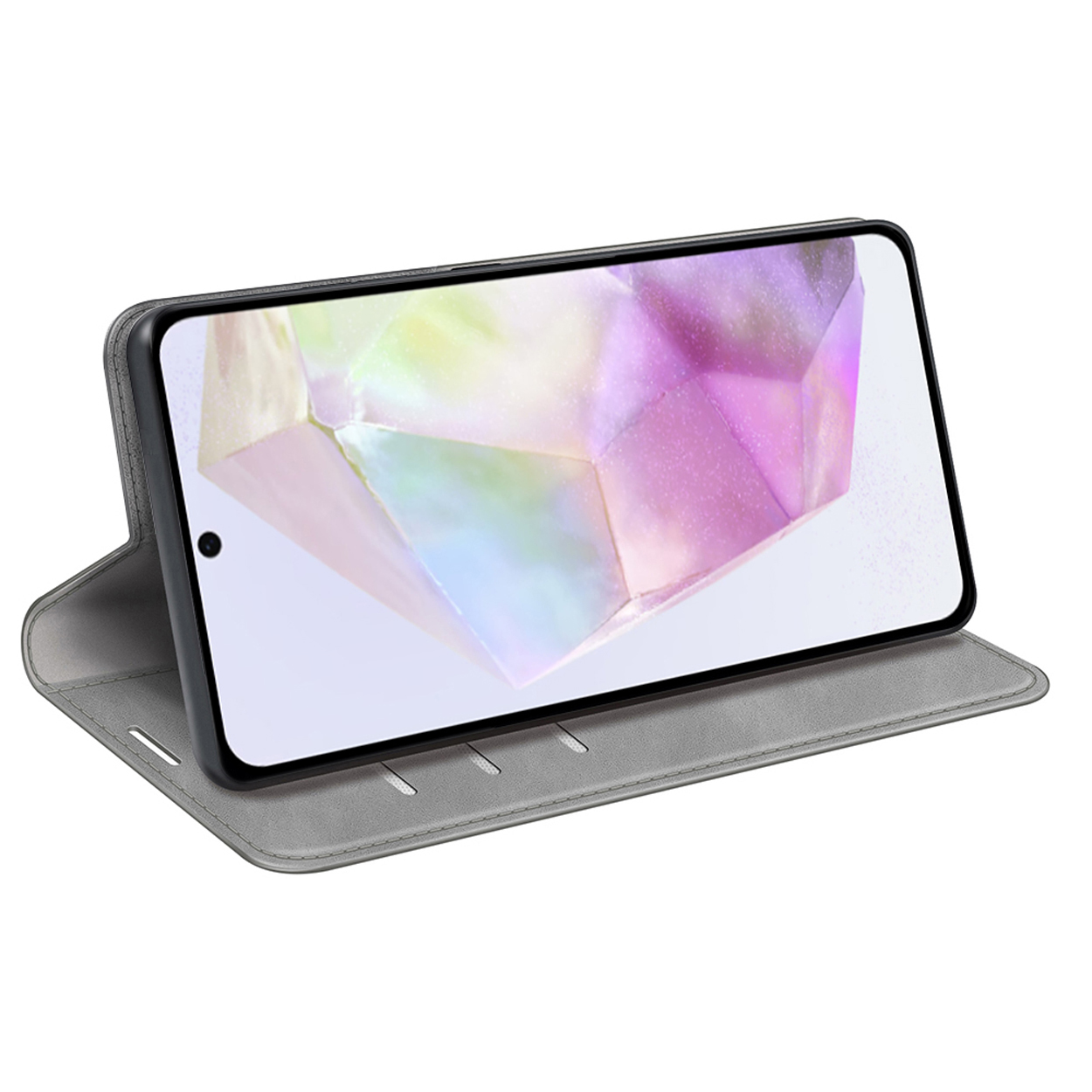 Téléphone dans un étui gris, relevé. L'écran affiche un design géométrique coloré.