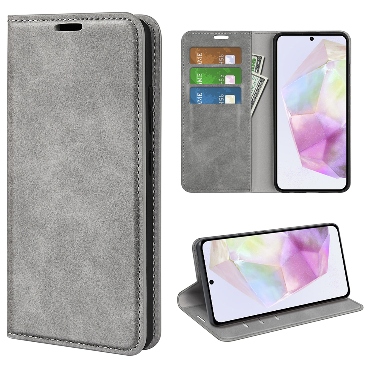 Coque grise, ouverte et fermée, avec cartes et espèces visibles. Multiples vues, dont un support.