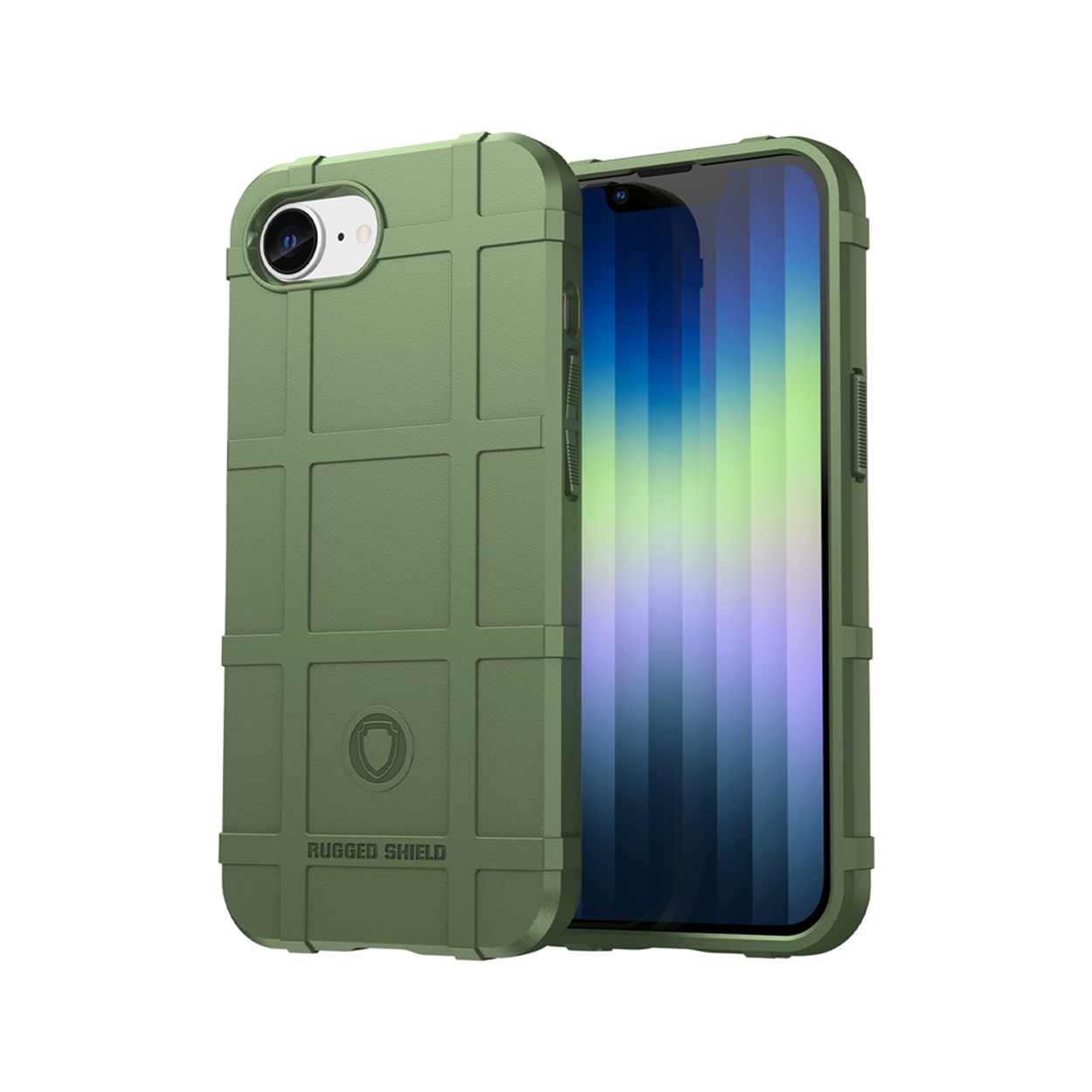Groen robuust telefoonhoesje, toont de achterkant en de telefoon erin met een blauw scherm.