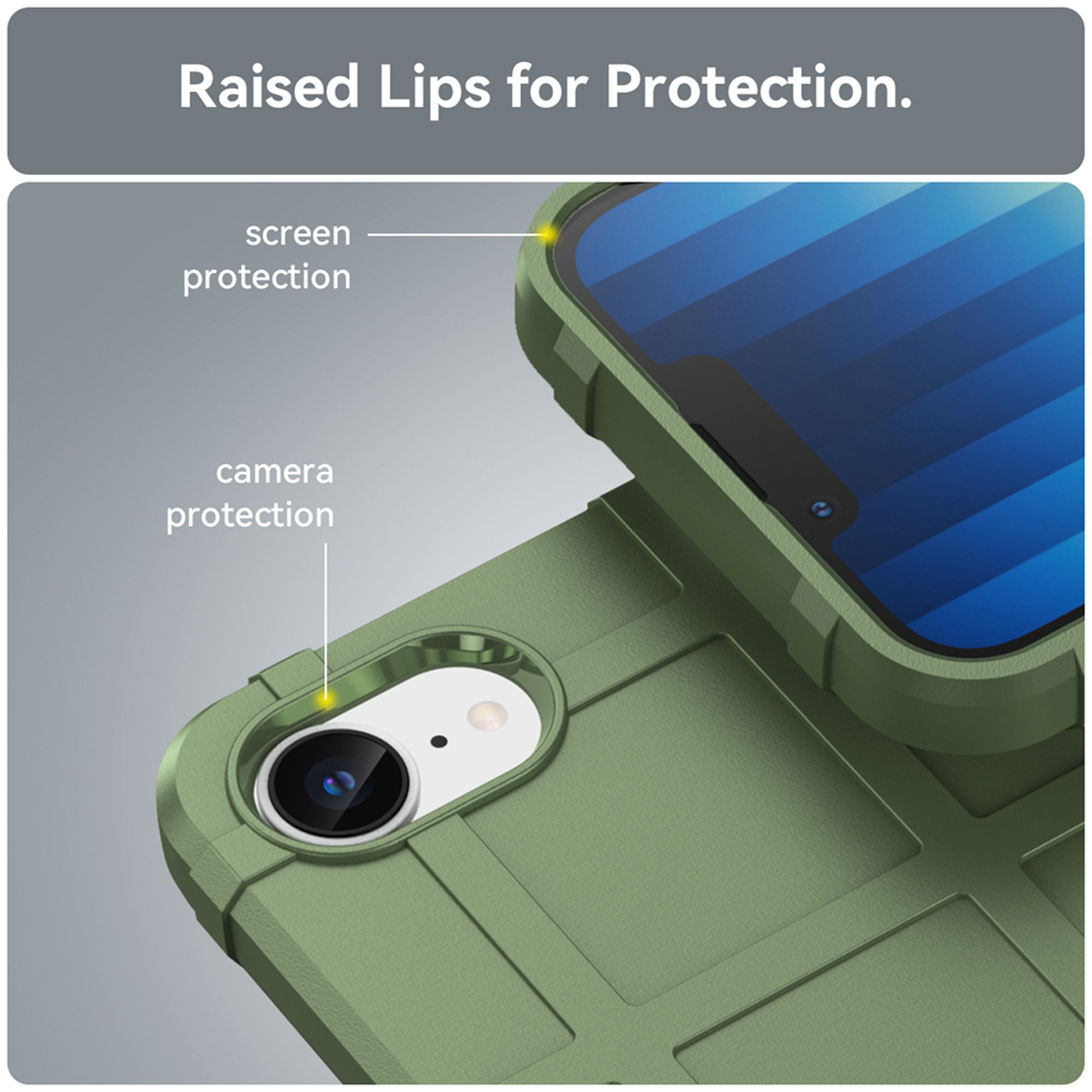 Groen robuust telefoonhoesje, met tekstlabels die scherm- en camerabeschermingsfuncties tonen.