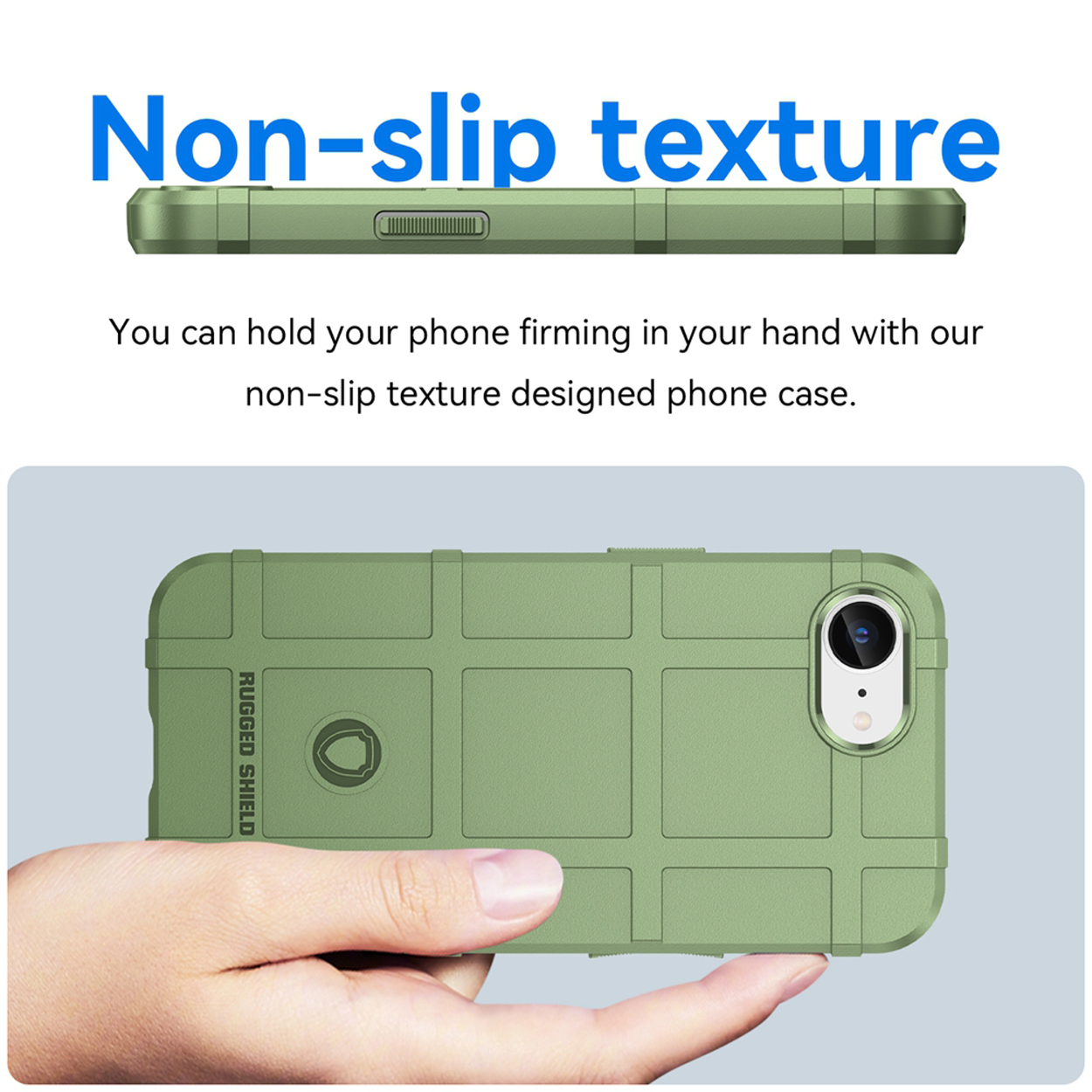 Groene telefoonhoes. Een hand houdt de telefoonhoes vast. Antislip textuur wordt geadverteerd.