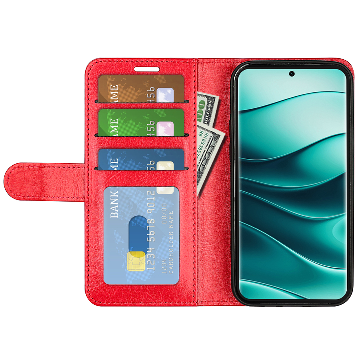 Rode telefoonhoes met kaarten, contant geld en een telefoon. Opent als een portemonnee.