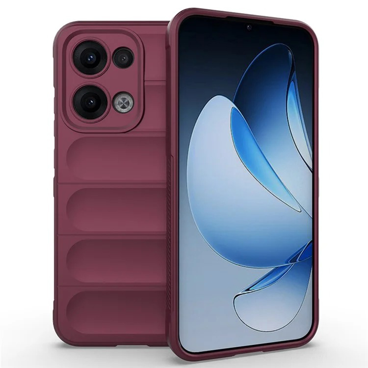 Coque de téléphone bordeaux. Le téléphone possède plusieurs caméras. Fond blanc. La coque a un motif texturé.