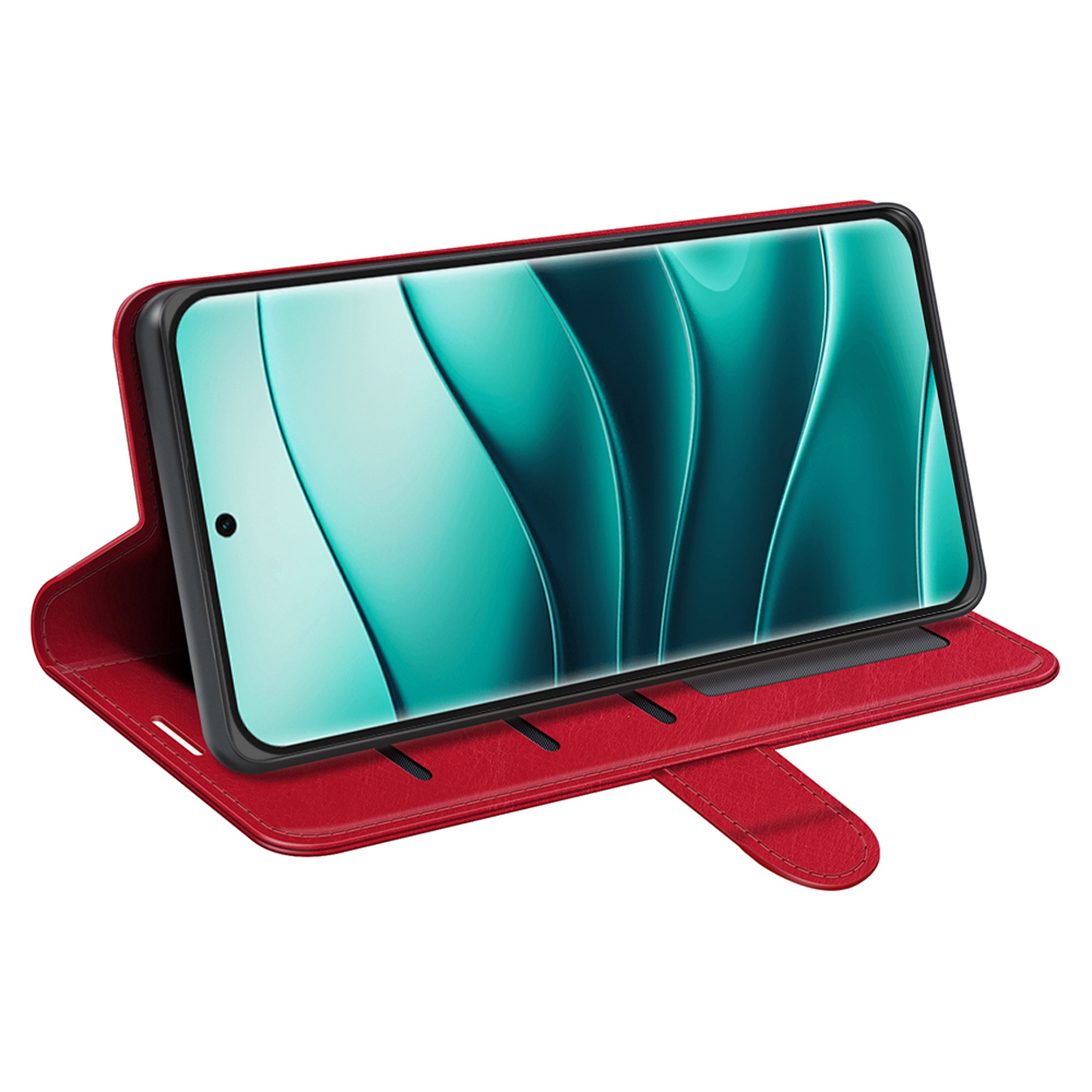 Rode telefoonhoes met telefoonscherm. De telefoon wordt horizontaal weergegeven. De hoes is open.