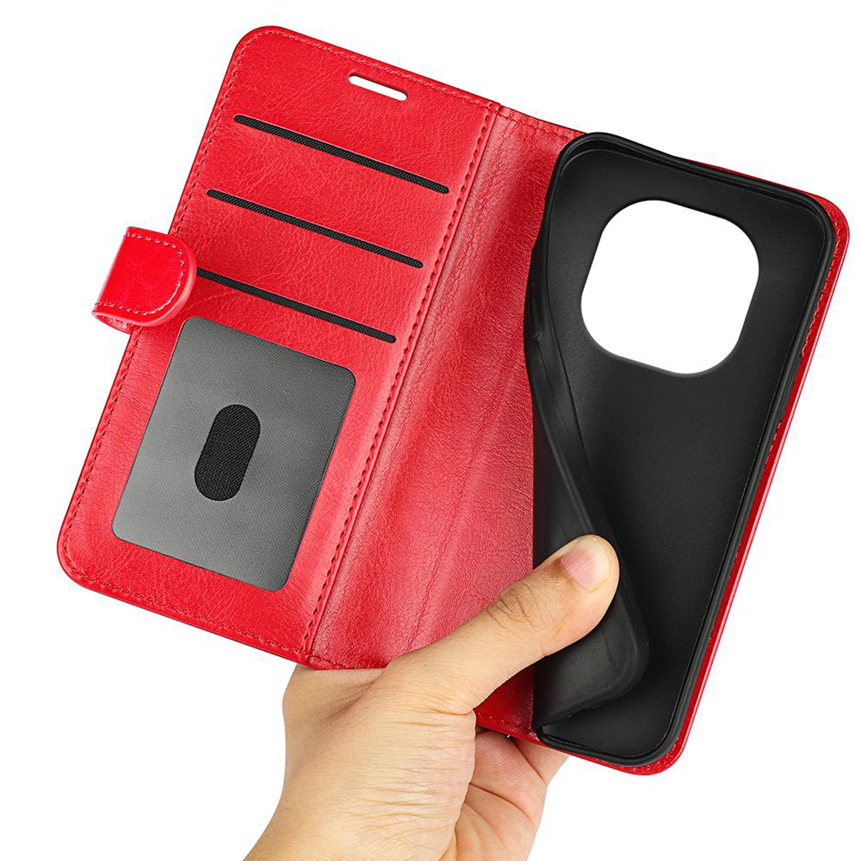 Hand die een rode telefoonhoes openhoudt. De binnenkant toont kaartsleuven en een zwarte hoes.