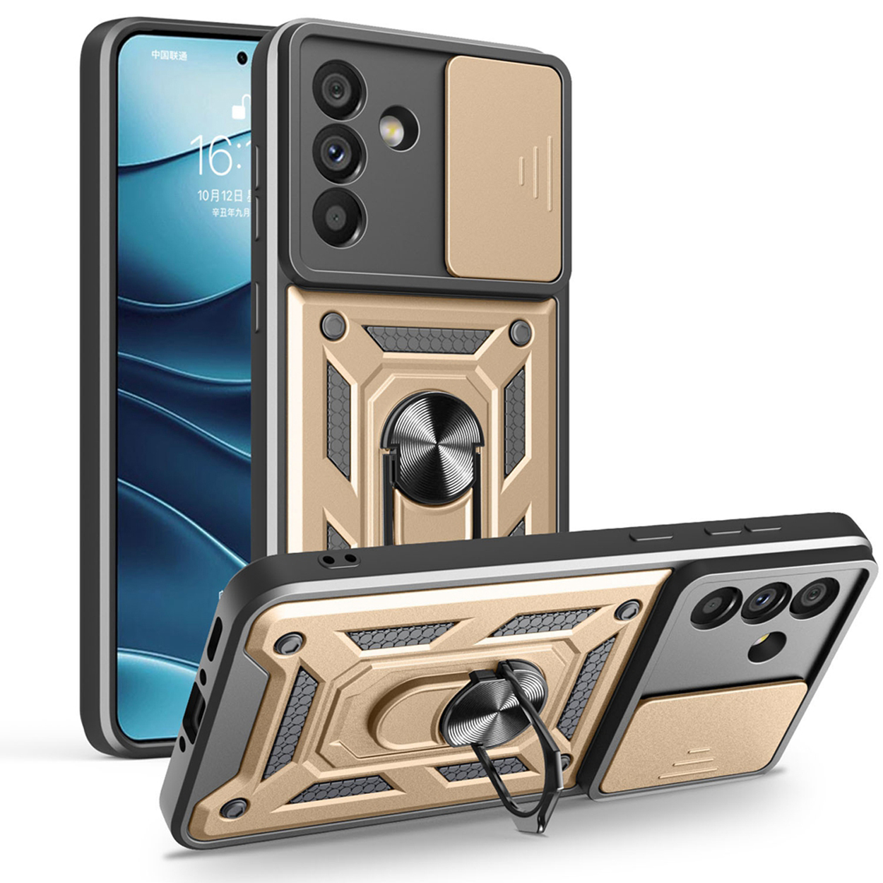 Drie telefoonhoesjes met een ringstandaard. Hoesjes zijn zwart en goud. Eén hoesje toont het scherm.