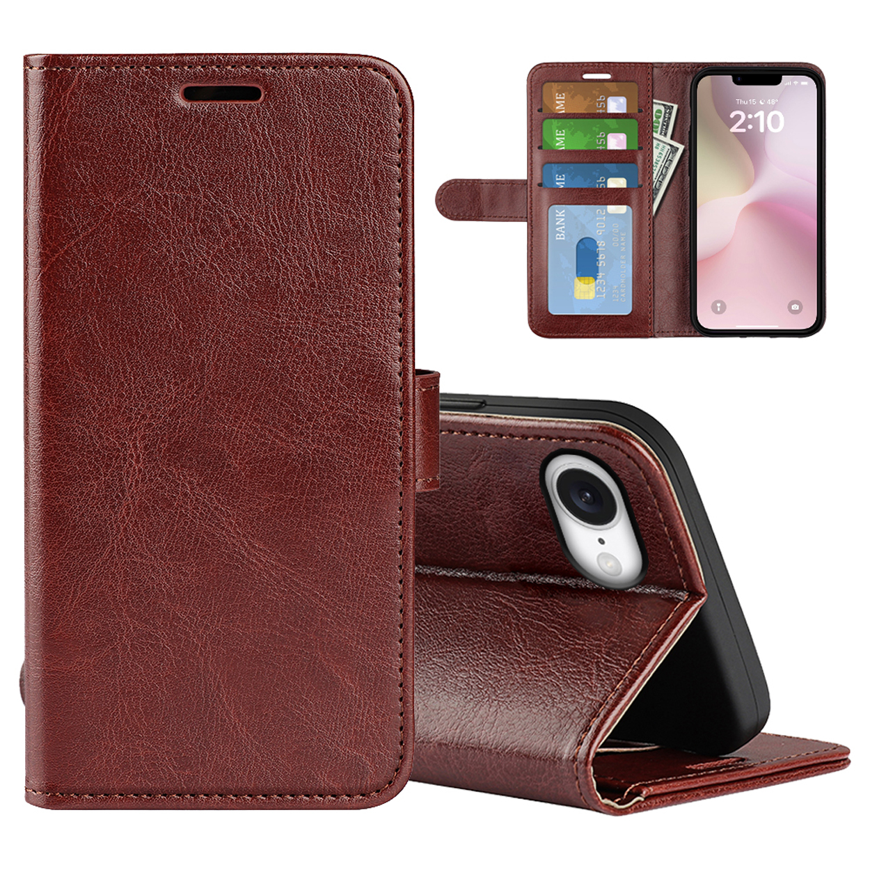 Bruine leren telefoonhoes, open. Telefoon erin met kaarten en geld. Witte achtergrond.