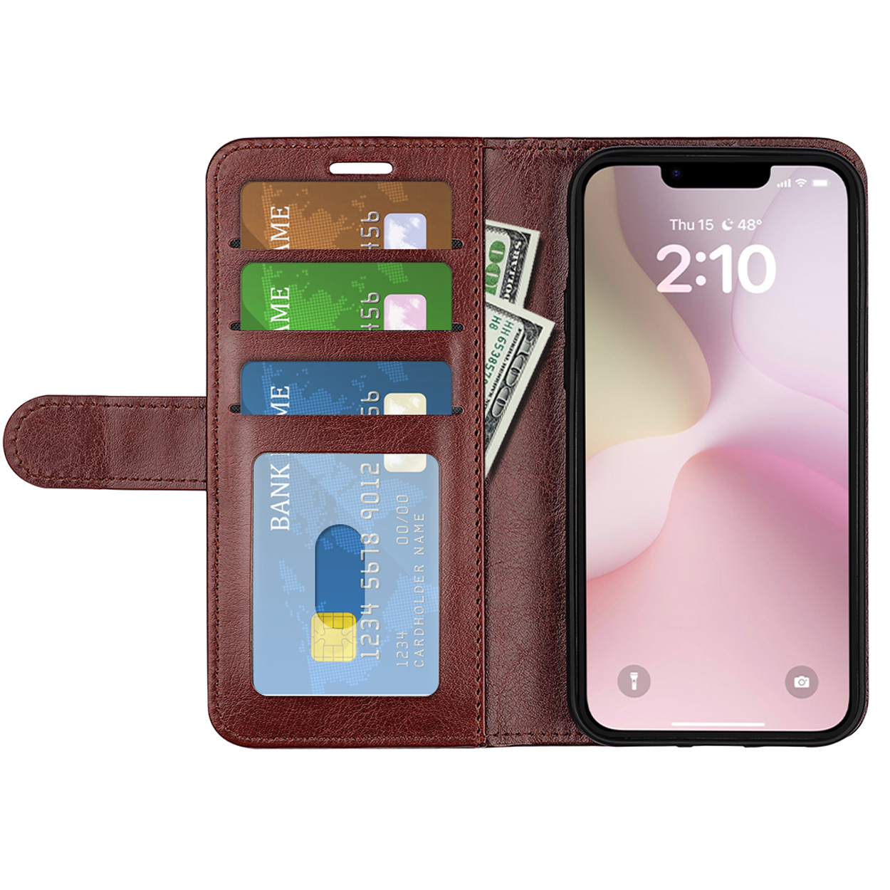 Open bruine leren telefoonhoes met telefoon, kaarten en geld. Witte achtergrond.