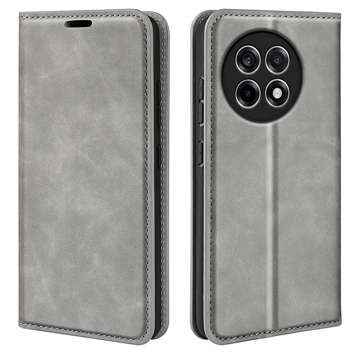 Étui de téléphone gris, ouvert. Téléphone à l'intérieur. Le téléphone a plusieurs caméras. Fond blanc.