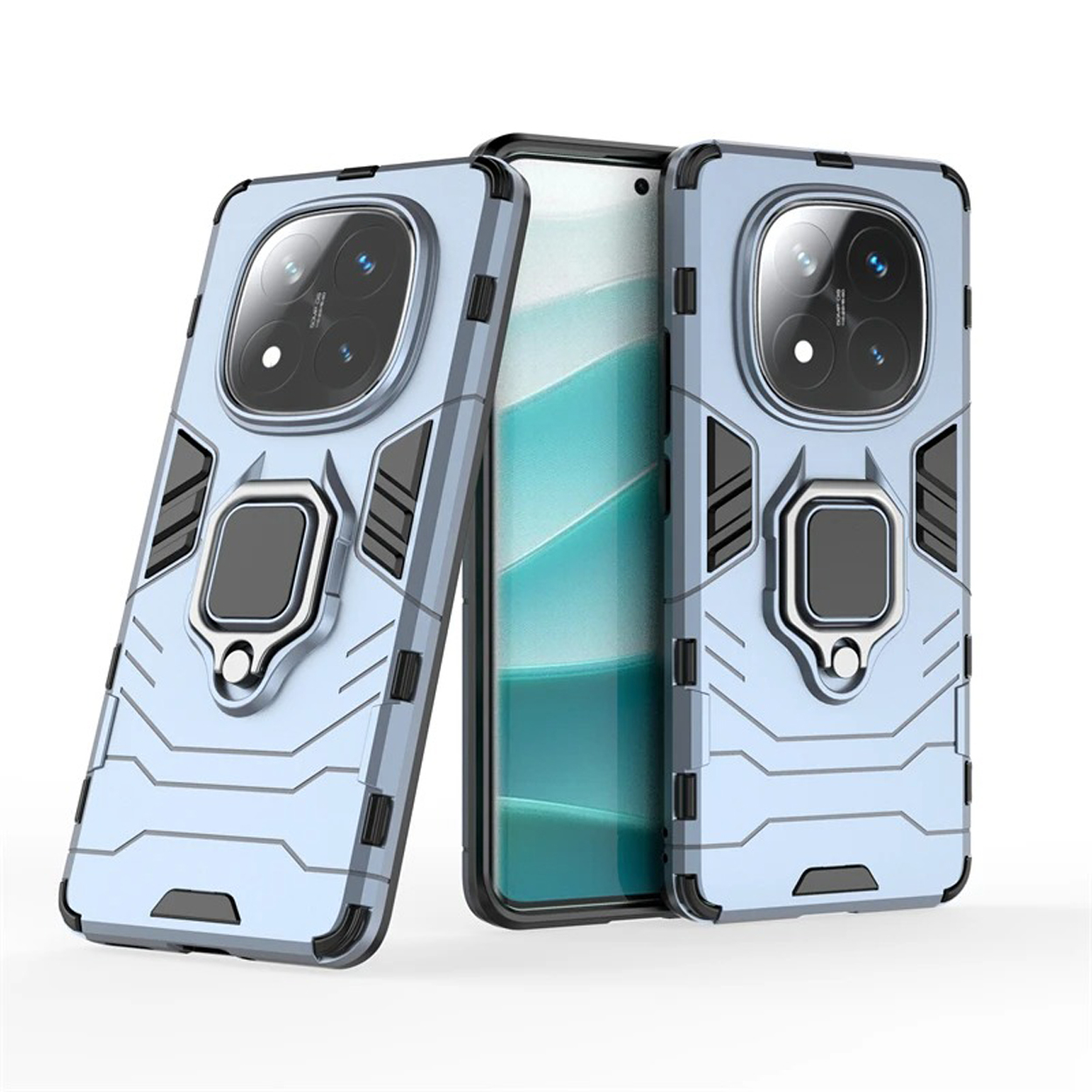Blauwe telefoonhoes met ringstandaard, die de camera bedekt. Twee telefoons worden gepresenteerd.