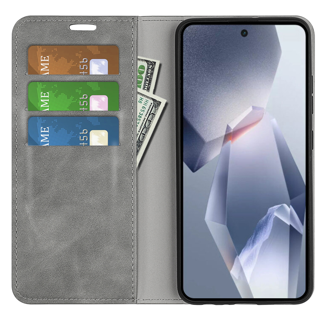 Étui de téléphone gris, ouvert avec cartes, argent et téléphone affichant un design géométrique.