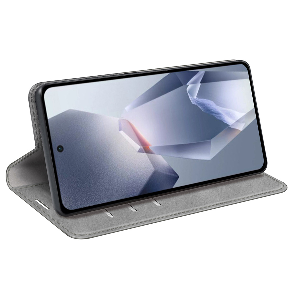 Téléphone dans un étui gris, ouvert. L'écran affiche un design géométrique futuriste.