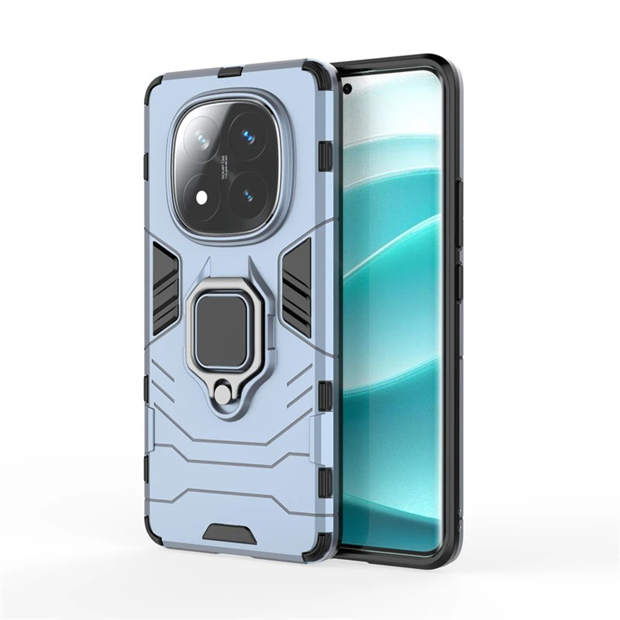 Blauwe telefoonhoes met ringstandaard, die de camera bedekt. De telefoon zit in de hoes.