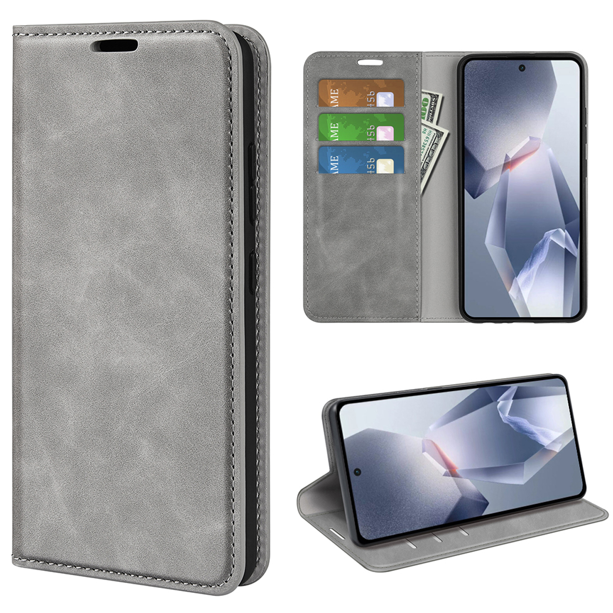 Étui de téléphone gris, fermé et ouvert, avec téléphone affichant un design géométrique, fentes pour cartes et argent.