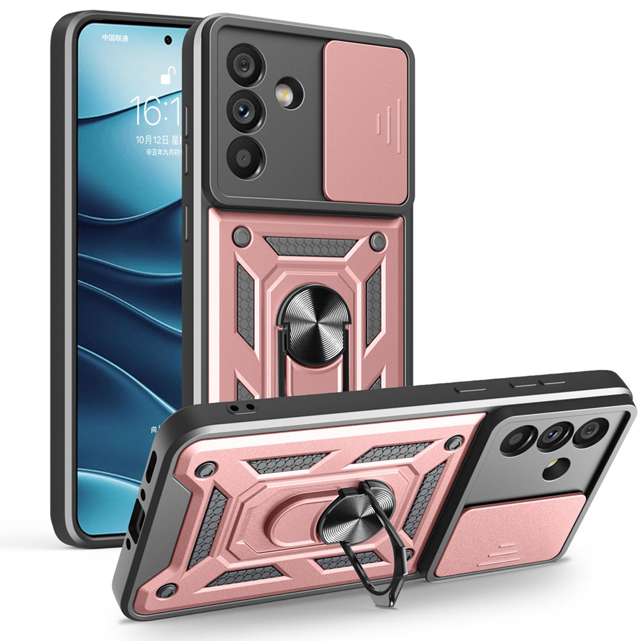 Roze en zwarte telefoonhoes met ringstandaard, die de camera bedekt. Drie telefoons worden getoond.