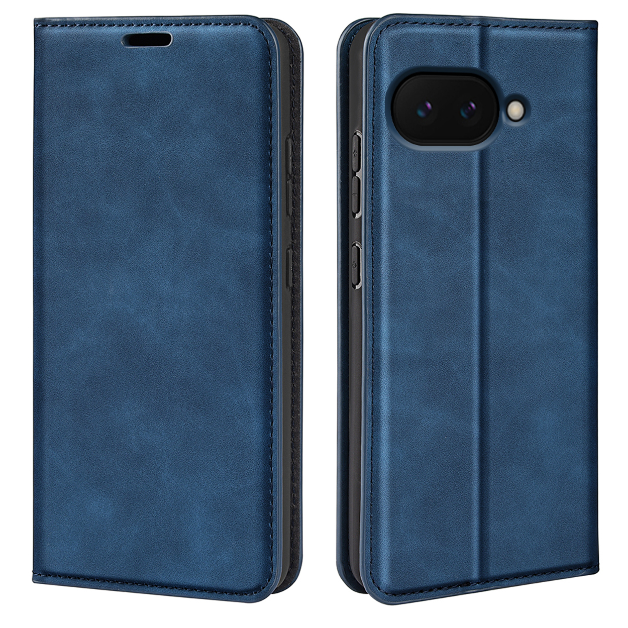 Blauwe telefoonhoes, gesloten en open. Open toont de telefoon. Gesloten toont een flap.