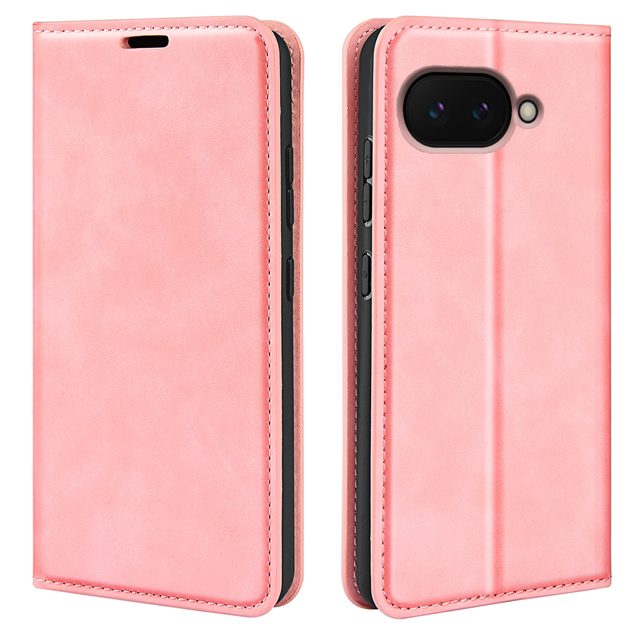 Roze telefoonhoes, gesloten en open, toont de achterkant van de telefoon met de cameramodule.