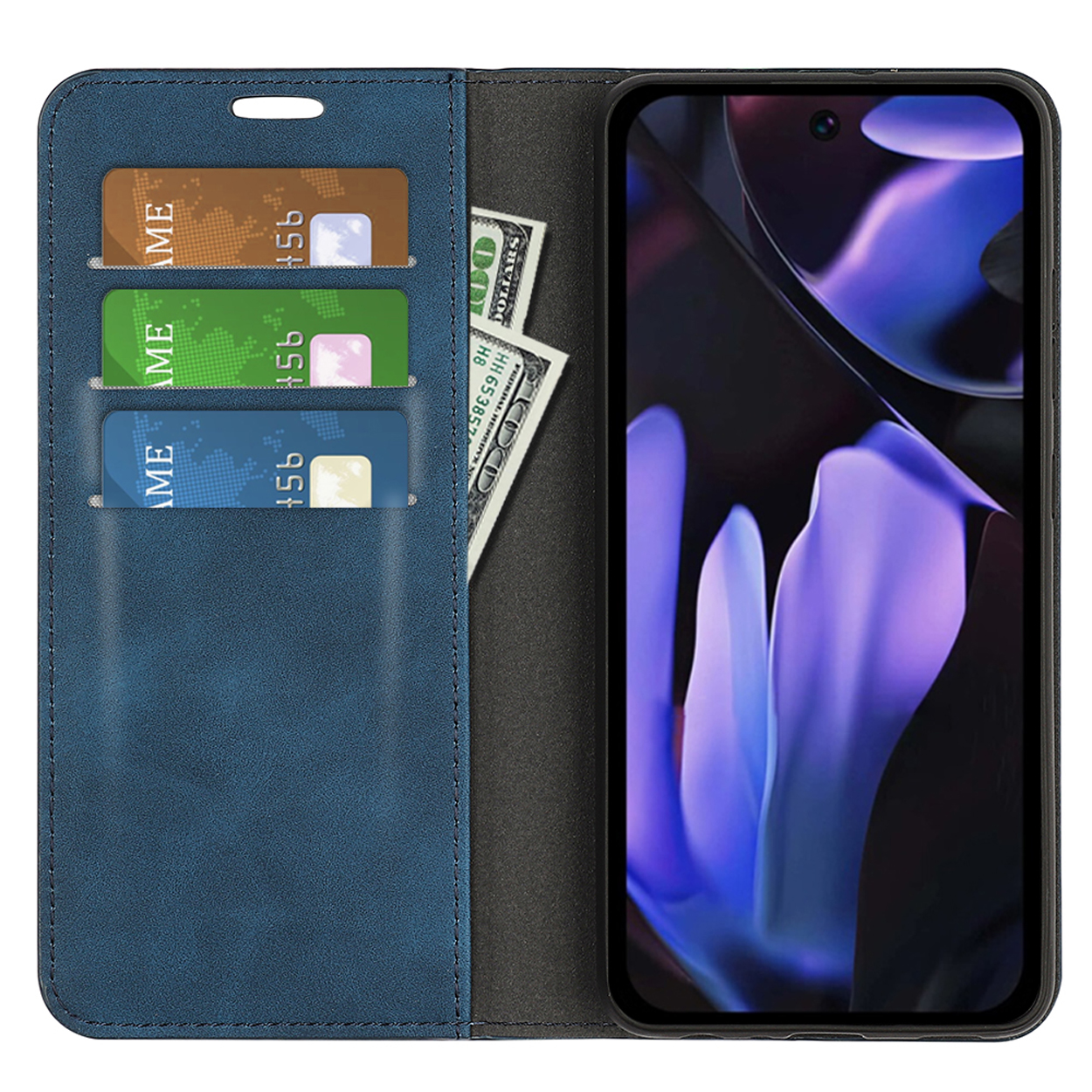 Blauwe telefoonhoes met telefoon, kaarten en contant geld. Geopend, toont scherm, kaartsleuven en geld.