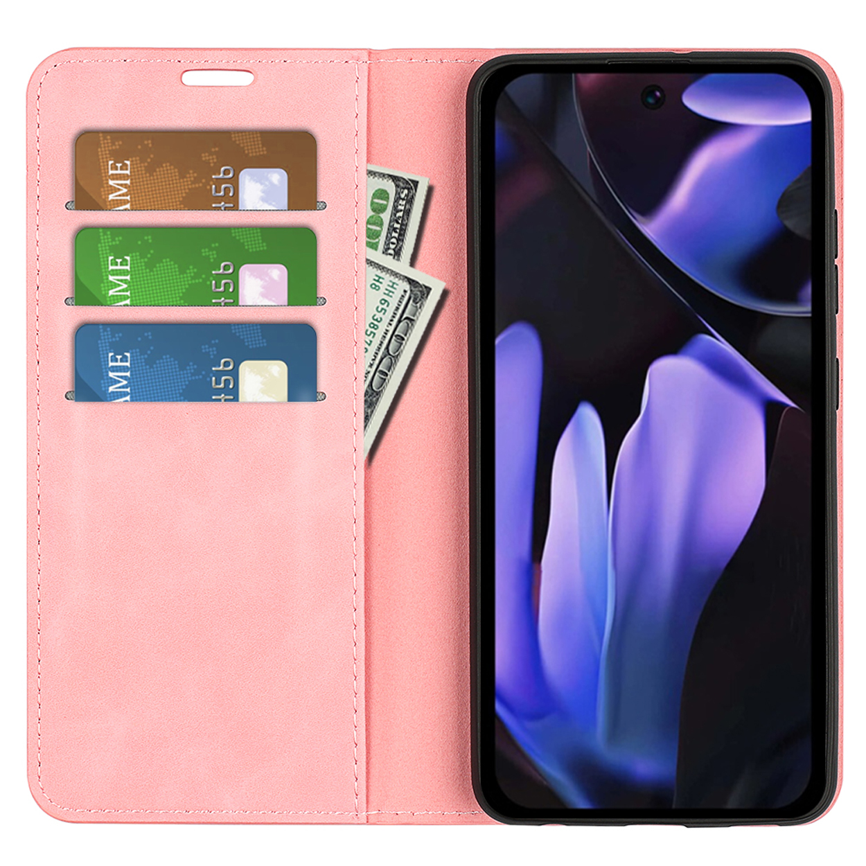 Roze telefoonhoes open, met telefoon met bloemenafbeelding, sleuven voor kaarten en contant geld zichtbaar.