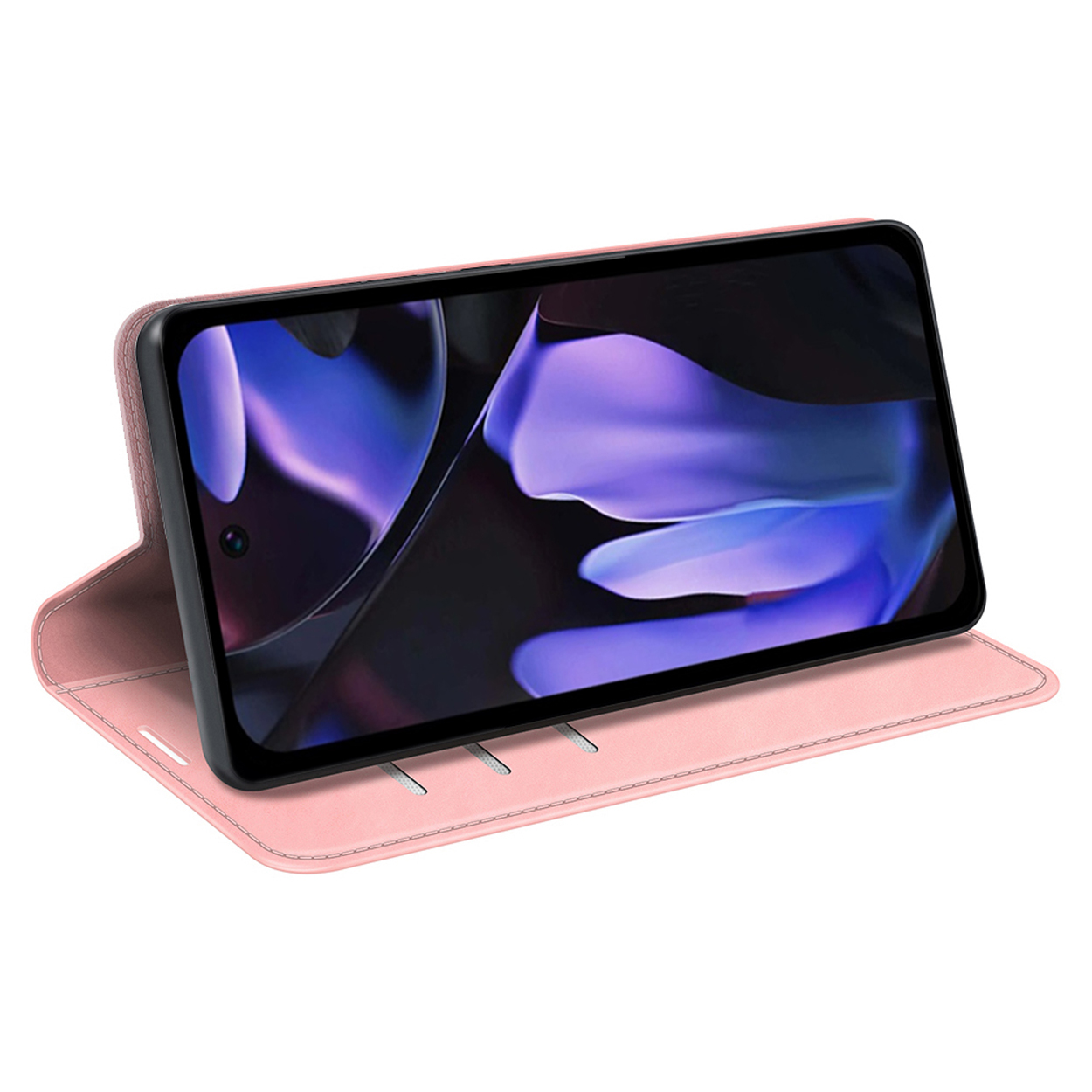 Roze telefoonhoes met telefoon erin, met een paars bloemmotief. De hoes is schuin geplaatst.