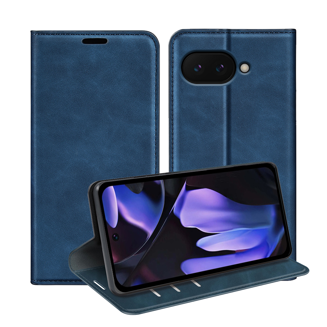 Blauwe telefoonhoes, gesloten en open, met een telefoon met een bloemenafbeelding. Hoes is schuin geplaatst.