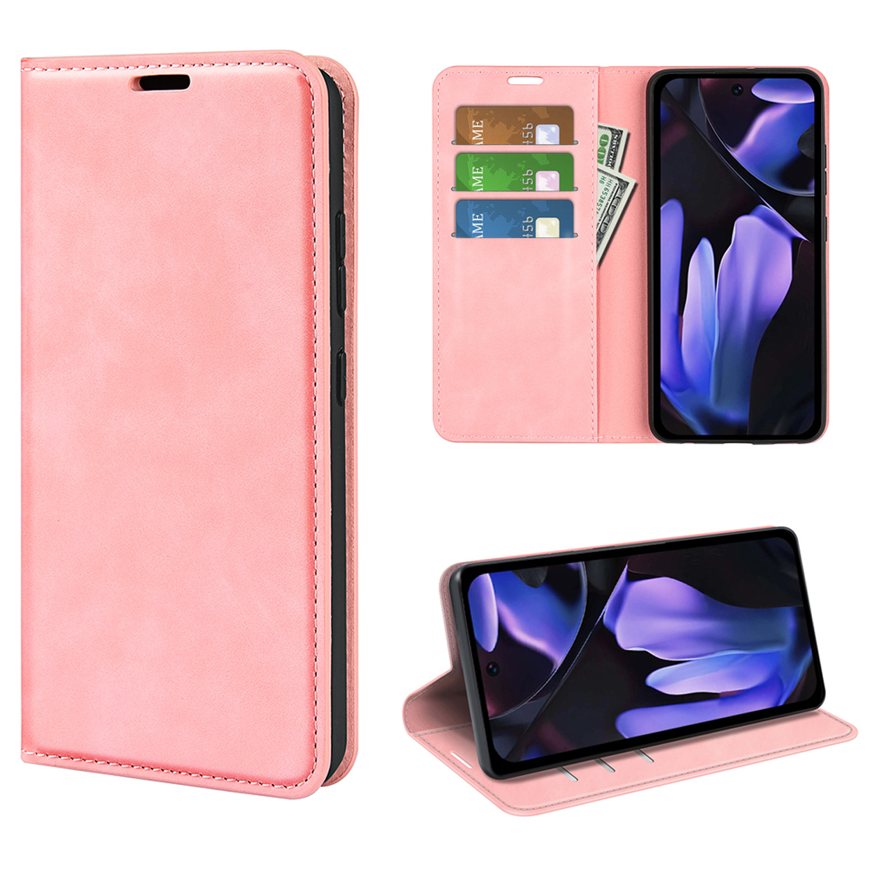 Roze telefoonhoes, gesloten en open, met telefoon met bloemenafbeelding, kaartsleuven en contant geld.